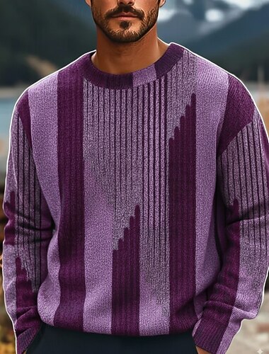  Herre Geometrisk Fargeblokk Stripet Pullover genser Strikketøy Crewneck Fritid Feriereise Hjem Gate 3D-utskrift Strikking Hold Varm Langermet Vår Høst Vinter Rød Blå Lilla