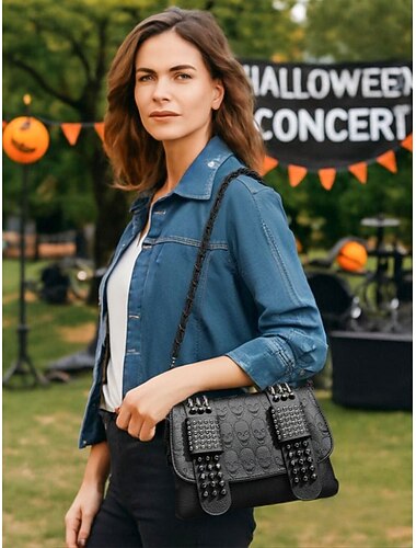  Dámská halloweenská gotická lebka, nýtovaná kabelka přes rameno, crossbody kabelka, punk rocková taška přes rameno na párty a večerní zábavu