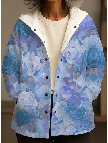  Damen Wintermantel Winterjacke Fleece gefüttert Warm Schnell trocknend Knöpfe Täglich Modern Lässig Bequem Floral Urlaub Athleisure Täglich Kapuzen Lässiger Schnitt Ärmellos Oberbekleidung Hellblau