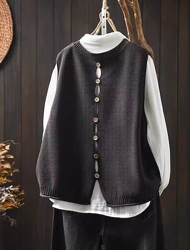 Damen Pullover Pullunder Streetwear Lässig Einfarbig Rundhalsausschnitt Knöpfe Gestrickt Ärmellos Normale Oberteile Stricken Täglich Ferien Ausgehen Schwarz Rote Frühling Herbst   Damen Pullover Pullunder Streetwear Lässig Einfarbig Rundhalsausschnitt Knöpfe Gestrickt Ärmellos Normale Oberteile Stricken Täglich Ferien Ausgehen Schwarz Rote Frühling Herbst