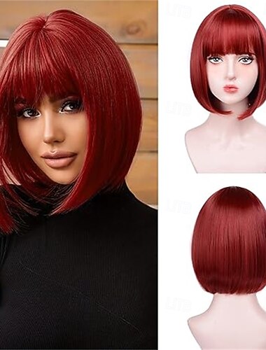  Rode bobpruiken voor blanke vrouwen - 12'' korte bobpruiken met pony natuurlijke mode synthetische pruik kleurrijk synthetisch haar voor dagelijkse cosplay halloween