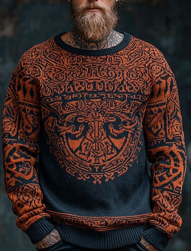  Men's Viking Pullover Sweater Jumper Knitwear Crewneck Retro Vintage Casual Vacation Daily 3D Print Knitting Keep Warm Long Sleeve Spring Fall Winter Red Blue Brown