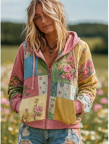  Womens 3D Druck Vintage Boho Kapuzenpullover Patchwork Kapuzenpullover Sweatshirt Floral Reißverschluss Floral Punk Aktiv Vintage Langarm Regular Tops Zuhause Alltagsmode Casual Patchwork Rosa