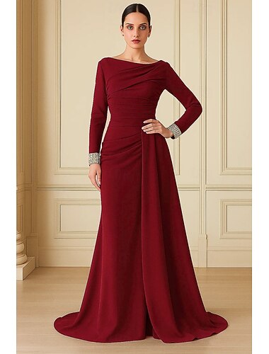  Meerjungfrauenschnitt Bodenlange Schleppe Abendkleid Ballkleid mit Überrock Festliche Kleidung Elegant Promi-Stil Langarm U-Boot-Ausschnitt Gartenparty Hochzeit Stretch-Crêpe mit Falten