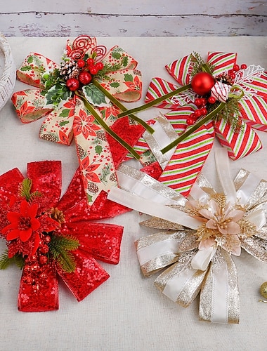  juldekorationer stor rosett, pärlguldglitter rosett med tallkotte, paljettbesatta rosettdekorationer, julgranshängande dekorationer, festliga julgranstillbehör