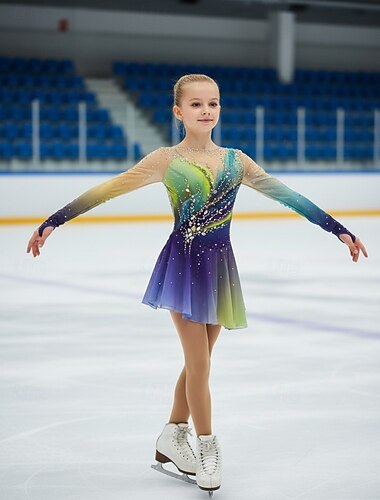 Sukienka łyżwiarska Damskie Dla dziewczynek Bruslení Sukienka Fioletowy Otwór na kciuk barwienie Halo Wysoka elastyczność Profesjonalny Zawody Odzież łyżwiarska Keep Warm Kryształ / Kryształ górski