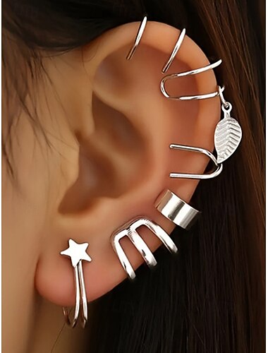  Juego de pendientes de plata y oro para mujer: pendientes de clip sin perforación con diseño de estrella y hoja, joyería punk de moda para fiestas y uso diario.