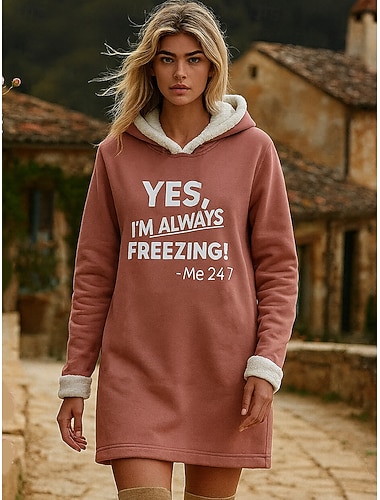  Damen Minikleid Sportliches Kleid Lässig Urlaub Heim Neujahr Normale Passform Grafik Buchstabe Langarm Mit Kapuze Rosa Herbst Winter