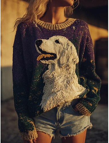  maglione da donna, pullover, golden retriever, casual, quotidiano, grafico, animale, a coste, girocollo, lavorato a maglia, stampa, manica lunga, normale, top, maglia, all'aperto, weekend, viola,