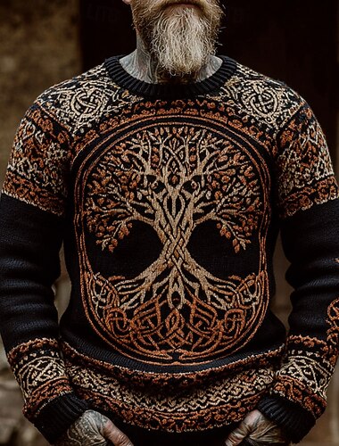  Miesten Viikinki Elämän puu Neulepusero Knitwear Pyöreäkauluksinen Retro / vintage Vapaa-aika Loma Päivittäin 3D-tulostus Neulominen Pidä Lämmin Pitkähihainen Kevät Syksy Talvi Rubiini Sininen Ruskea
