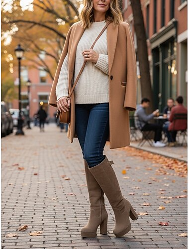  Botas femininas de camurça com plataforma alta até o joelho, zíper largo ajustável na panturrilha e salto bloco, botas da moda para streetwear urbano