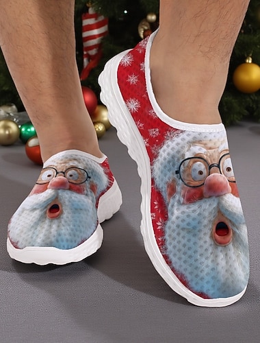  Sneakers slip-on da uomo con stampa di Babbo Natale, scarpe casual leggere e traspiranti per feste, abiti festivi e regali invernali