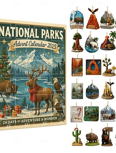  National Parks Advent Calendar 2025 24 Days Christmas Countdown Calendar with 24 landscapes and Wildlife Collectible Ornaments of America's National Parks Gift for Nature Lovers & Families