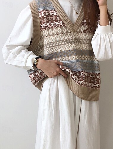 Damen Pullover Pullunder Vintage Streetwear Blumen V Ausschnitt Gestrickt Druck Ärmellos Normale Oberteile Stricken Outdoor Täglich Ferien Aprikose Frühling Herbst   Damen Pullover Pullunder Vintage Streetwear Blumen V Ausschnitt Gestrickt Druck Ärmellos Normale Oberteile Stricken Outdoor Täglich Ferien Aprikose Frühling Herbst