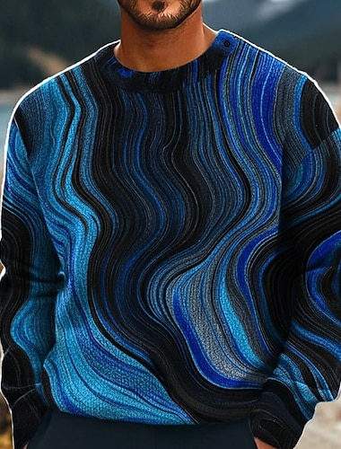  Homme Abstrait Sable mouvant / liquide Pull Tricots Col Rond Occasionnel Vacances Maison Rue Impression 3D Tricot Garder au chaud manche longue Printemps Automne Hiver Bleu Orange Multi Couleur