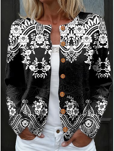  Per donna Cardigan Quotidiano Grafico Geometrico A Coste Girocollo Floreale Bottoni Stampato Manica Lunga Top Regolari Maglia All'aperto Weekend Nero Autunno Inverno