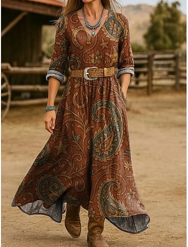  Női Maxiruha A vonalú ruha Szabadság Alkalmi Boho Alkalmi Tengerpart Normál Virágos Grafika Paisley Hosszú ujj V-alakú Medence Világos bíbor Barna Lóhere Tavasz Ősz Tél