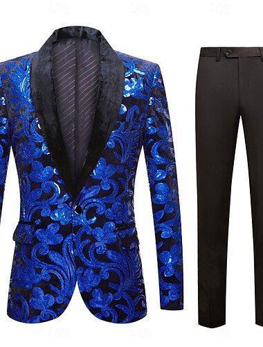  Menn Festdrakter Fest Blå Vår, Høst, Vinter, Sommer Dress Rundet jakkeslag Formelt Ensfarget Skreddersydd 2-delt sett