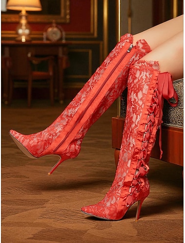  حذاء روكوكو نسائي طويل فوق الركبة من الدانتيل - حذاء طويل بكعب عالٍ أنيق من عشرينيات القرن العشرين مع فيونكة من الشريط وكعب ستيليتو لحفلات التنكر والأوبرا وحفلات غاتسبي
