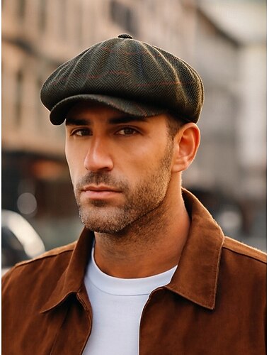  Men's Vintage Herringbone Newsboy Cap – Classic Tweed Flat Ivy Hat, Retro Gatsby Style Beret for Casual Wear and Outdoor Parties
