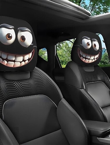  2 fundas para reposacabezas de coche con divertidos dibujos animados, ajuste universal, con estampado de dibujos animados de ojos grandes y sonrisas, protector de doble cara para la decoración del