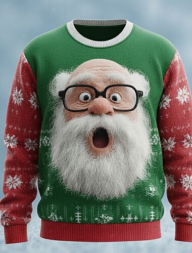  Stygg julegenser Herre julenissen Snøfnugg Pullover genser Strikketøy Crewneck Fritid Feriereise Daglig Festival 3D-utskrift Hold Varm Langermet Høst Vinter Svart Rød Grønn