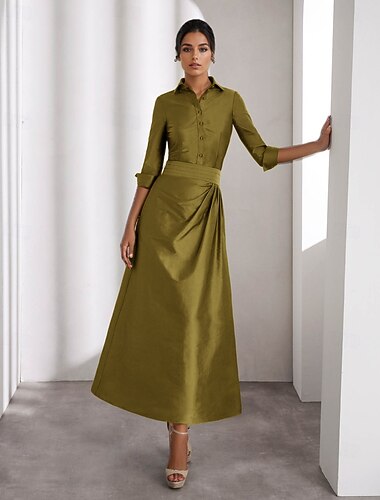 A-Linha Mãe da Noiva Vestidos de Coquetel Vestido Elegante Formal Convidada de Casamento Comprimento do Tornozelo Manga Longa Gola de Camisa Tafetá com Fenda