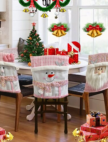  Fundas de silla navideñas rosas, fundas de asiento de peluche de Papá Noel para comedor y decoración del hogar, fundas festivas para sillas navideñas para un ambiente navideño.