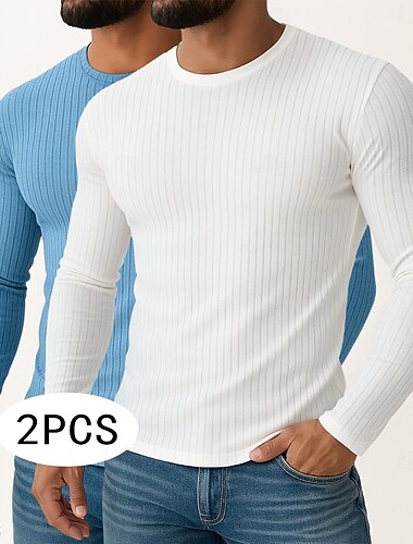  Homens Camiseta camisa muscular Camiseta de malha canelada T-shirt Manga Longa Gola Redonda Primavera Outono Todas as Estações Côr Sólida Tecido Textura Moda Designer Básico 2 Peças Tricôt Puro