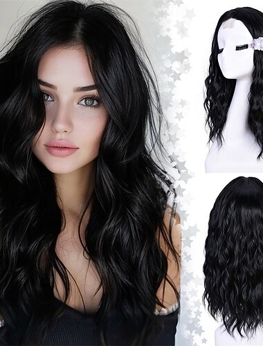  Korte, bølgete parykker for kvinner Svart bobbølgeparykk naturlig syntetisk hår midtdel blonder foran hverdagsfrisyre 18 tommer