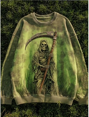  סווטשירט לנשים עם הדפס גולגולת קז'ואל שרוול ארוך צוואר עגל טופים רגילים לבוש יומיומי קז'ואל ספורט ירוק סתיו חורף