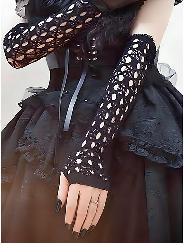  Dames Halloween Gothic Kanten Handschoenen – Zwarte Visnet Vingerloze Armwarmers voor Feesten, Cosplay en Kostuums
