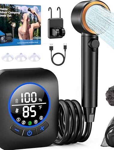  kannettava retkisuihku, 8000mah ladattava 5-puolinen imusuihkupumppu, 5 gallonan kokoontaitettava ämpäri, ulkosuihku vaellusrannalle, matkustamiseen, lemmikkien kylpyyn, autonpesuun, surffailuun