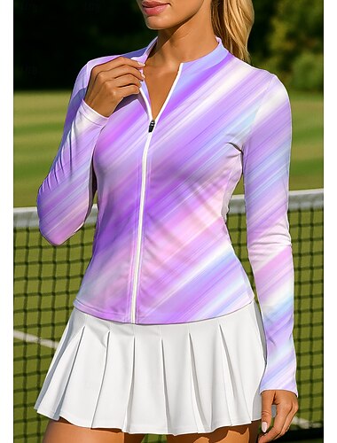  Damen Farbverlauf Abstrakte Kunst Oberteile Sporthemd Tennis Shirt Tennis-T-Shirt Langarm Reißverschluss Blumen UPF50+ UV-beständig Hohe Elastizität Feuchtigkeitsableitend Atmungsaktiv Volleyball