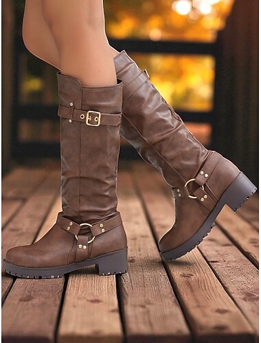  Bottes d'équitation western marron à hauteur de genou et brides à boucle pour femme – Bottes d'équitation western en similicuir à talons bas pour la mode automnale et les vêtements d'extérieur