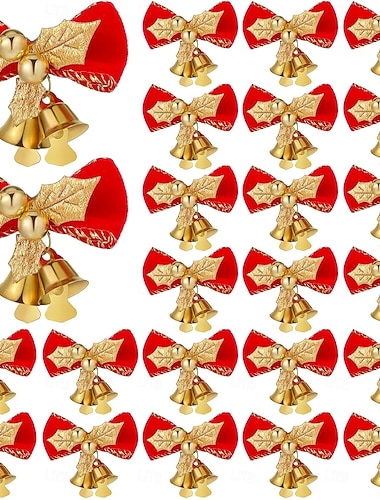  24 kappaletta jouluisia rusetteja kelloilla, miniatyyri jouluisia rusettisolmukoristeita, punakultaisia juhlakoristeita, rusetteja, askartelua joulukuuseen, lahjoja, kääreitä, seppeleitä, roikkuvia