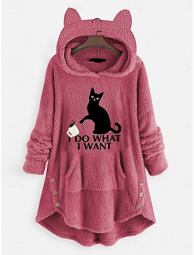  Dam Pullover Hoodie Sweatshirt Katt Ledigt Långärmad Huva Långa toppar Gata Vardag Ledigt Rodnande Rosa Vin Mörkrosa Blå Grå Höst Vinter