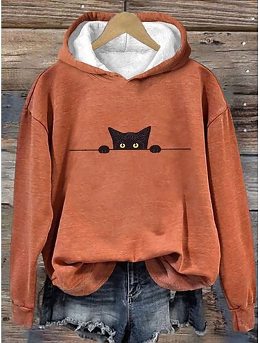  Damen Kapuzenpullover Grafik Tiermotiv Katze Lässig Langarm Mit Kapuze Normale Oberteile Party-Abendmode Straße Alltagskleidung Weiß Rosa Blau Orange Beige Frühling Herbst Winter