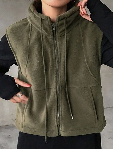 Women's Zip Up Sweatshirts Plain Fashion Casual Sleeveless High Neck Regular Tops Street Casual Holiday Zipper Pocket Army Green Fall Winter