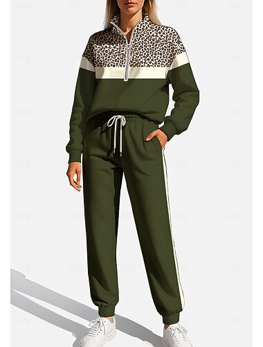  Damskie Bluza dresowa Dres Bluza Wiosna Ściągana na sznurek Zamek Panterka Rozpinana bluza i spodnie dresowe Zestaw odzieży sportowej Ciemnozielony Codzienny Trening Na zewnątrz Miękka Workowaty