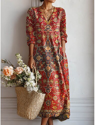  Damen Midikleid A Linie Kleid Urlaub Lässig Täglich Normale Passform Blumen Grafik Langarm V Ausschnitt Rosa Rote Braun Sommer Frühling Herbst