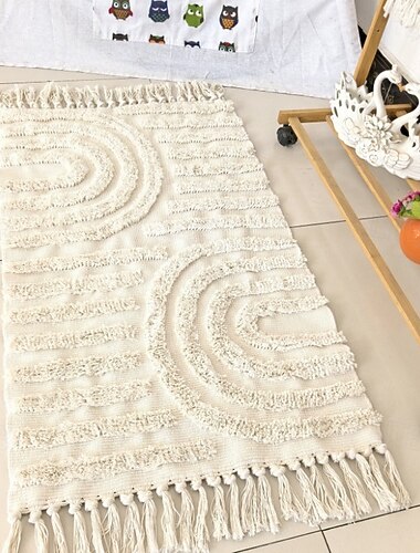  Tapetes de Área Bohemian com Franjas para Sala e Quarto Tapete de Piso em Algodão e Linho Tapete Macio Antiderrapante Lavável na Máquina Carpete Decorativo ao Lado da Cama