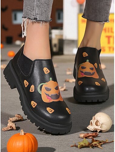  stivaletti slip-on da donna con stampa di zucca di Halloween – in similpelle nera con lati elastici per feste autunnali e streetwear