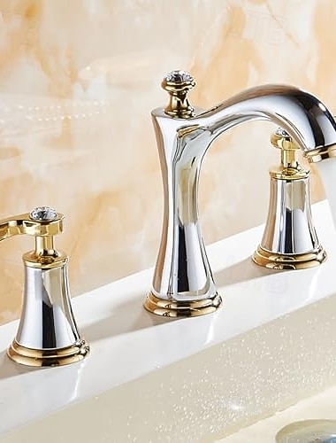  Robinet mitigeur de lavabo de salle de bain de luxe répandu vintage, 360 pivotant en laiton de style rétro 3 trous 2 poignées robinet de lavabo monté sur le pont, robinet d'eau de lavabo de lavabo avec tuyau chaud et froid
