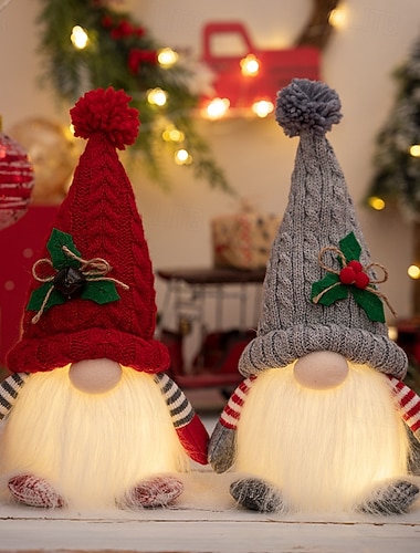  Lot de 2 nains de Noël en peluche, décoration lumineuse faite à la main, mini nains scandinaves, elfes suédois tomte illuminés, cadeaux de Noël à piles