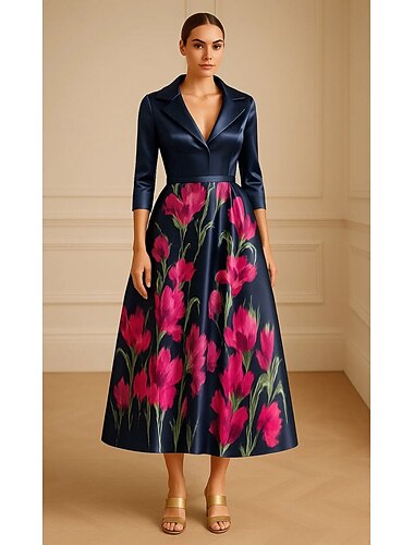  abito da sera elegante con colletto a trapezio, abito formale da sposa, lunghezza midi, lunghezza tè, manica a 3/4, scollo a V, raso elasticizzato con stampa floreale 2025