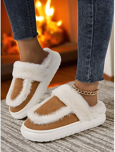  Pantuflas mullidas para mujer con forro de piel sintética: zapatos cálidos de invierno para el hogar, el dormitorio y la relajación.