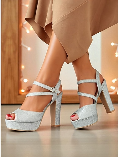  صنادل نسائية بكعب عالٍ لامع مع حزام للكاحل - أحذية حفلات أنيقة للحياة الليلية واحتفالات عيد الميلاد &أحداث العطلة
