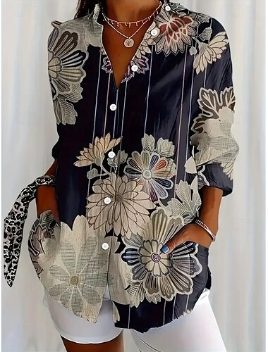  Mulheres Camisa Social Floral Gráfico Vintage Diário Casual Manga Longa Colarinho de Camisa Tops regulares Diário Feriado Imprimir Preto e Branco Preto Verão Primavera
