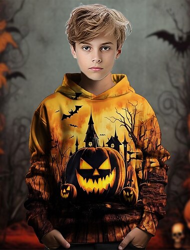  Víspera de Todos los Santos Chico 3D Calabaza Sudadera Manga Larga Primavera Otoño Moda Ropa de calle Niños 4-12 años Con Capucha Exterior Casual Diario Ajuste regular